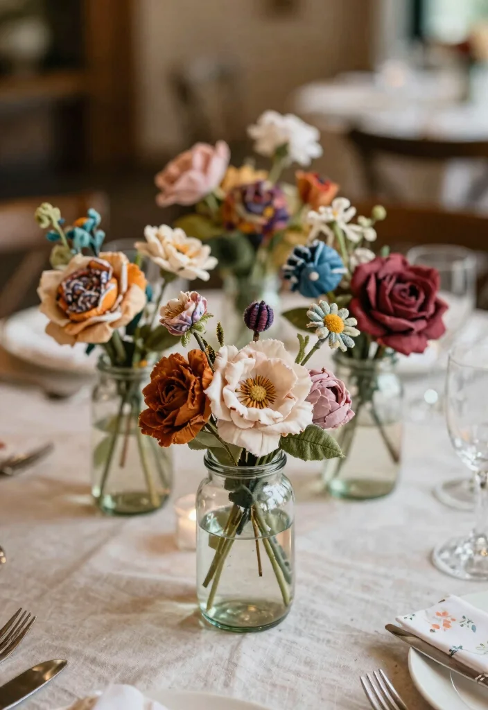 16 Wedding Centerpieces Ideas Round Table That Look Stunning - 5. Upcycled Fabric Flowers 1