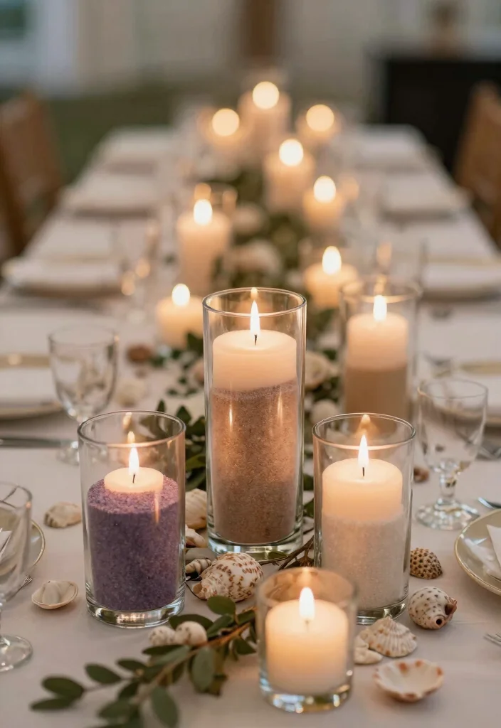 16 Wedding Centerpieces Ideas Round Table That Look Stunning - 9. Candle and Sand Centerpieces 1