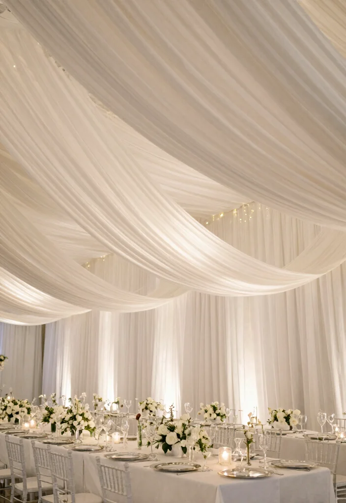 16 Wedding Decorations White Ideas With Timeless Beauty - 2. Elegant White Drapery 1