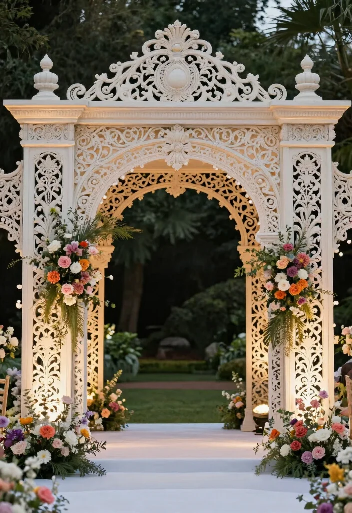 17 Chinoiserie Wedding Backdrop Ideas With Artistic Flair - 10. Ornate Chinoiserie Arch 1