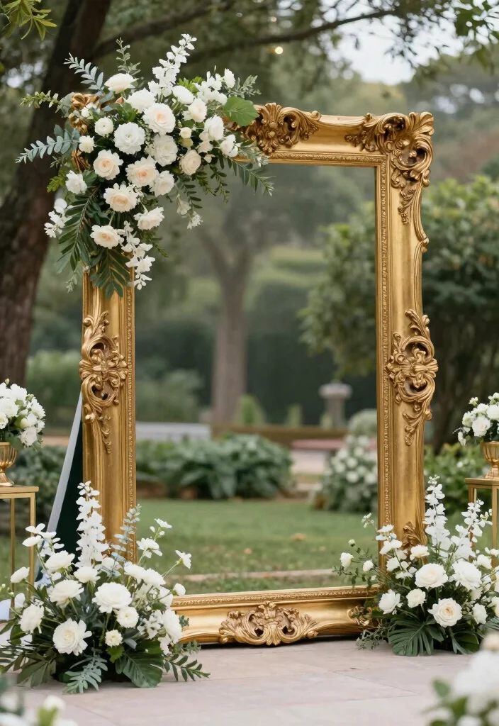 17 Chinoiserie Wedding Backdrop Ideas With Artistic Flair - 13. Elegant Gold Frame Backdrop 1