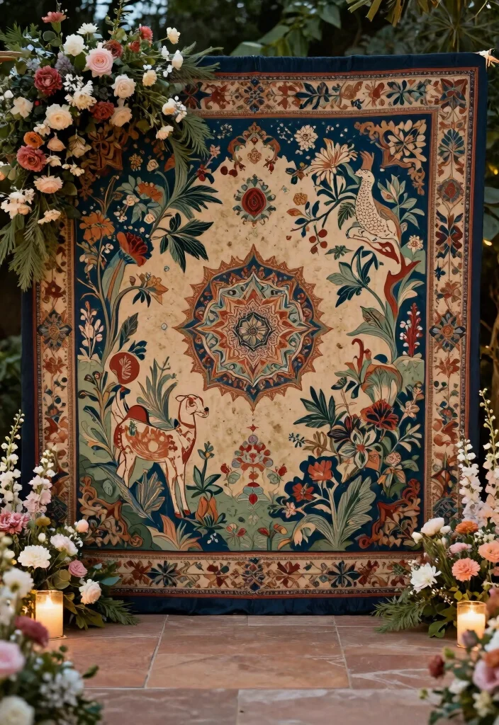 17 Chinoiserie Wedding Backdrop Ideas With Artistic Flair - 16. Artistic Tapestry Background 1