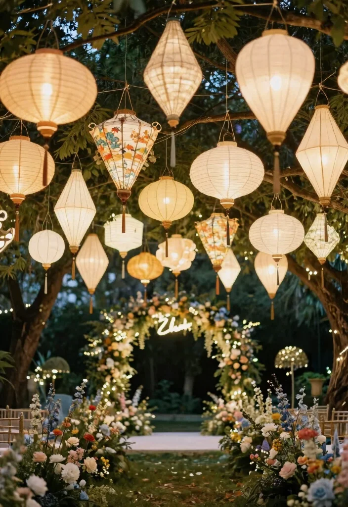 17 Chinoiserie Wedding Backdrop Ideas With Artistic Flair - 17. Whimsical Paper Lanterns 1