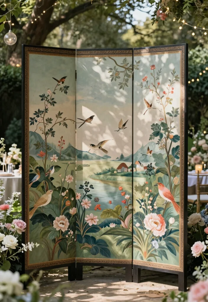 17 Chinoiserie Wedding Backdrop Ideas With Artistic Flair - 2. Elegant Painted Screen Backdrop 1