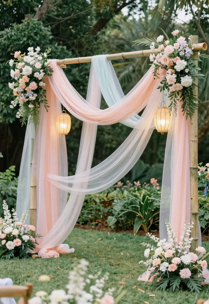 17 Chinoiserie Wedding Backdrop Ideas With Artistic Flair - 3. Bamboo and Fabric Fusion 1