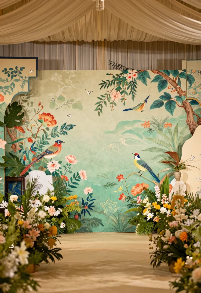 17 Chinoiserie Wedding Backdrop Ideas With Artistic Flair - 4. Chinoiserie-Inspired Mural Backdrop 1