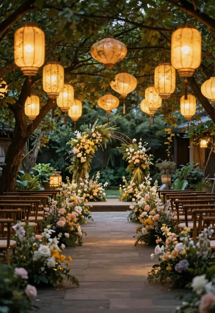 17 Chinoiserie Wedding Backdrop Ideas With Artistic Flair - 5. Lantern-Lit Garden Pathway 1