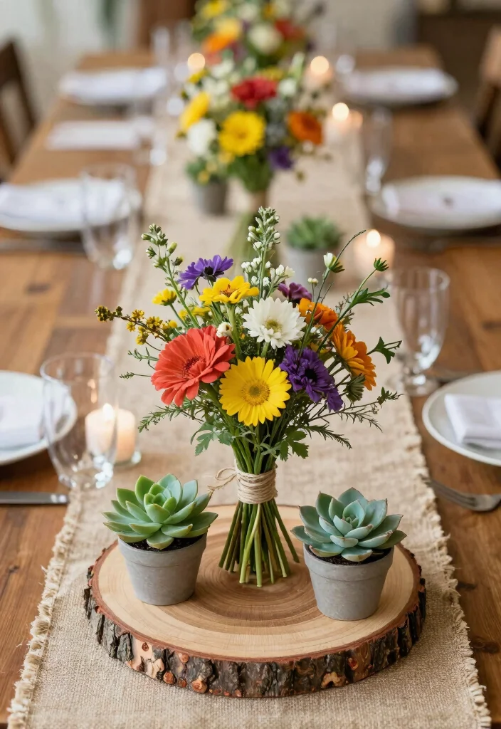 17 Long Table Wedding Centerpieces Ideas That Impress - 1. Rustic Wood Slice Centerpieces 1