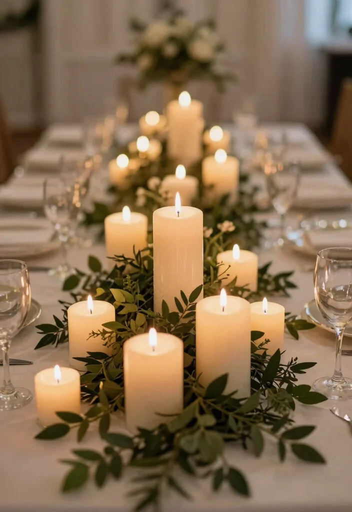 17 Long Table Wedding Centerpieces Ideas That Impress - 10. Candle and Greenery Centerpieces 1
