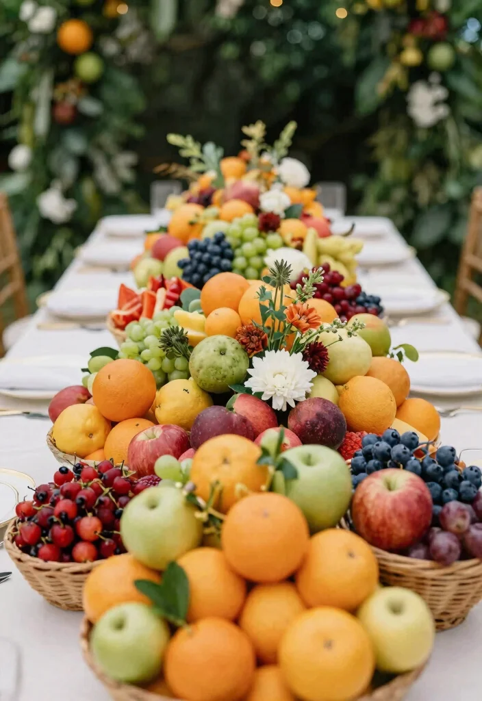 17 Long Table Wedding Centerpieces Ideas That Impress - 12. Seasonal Fruit Arrangements 1