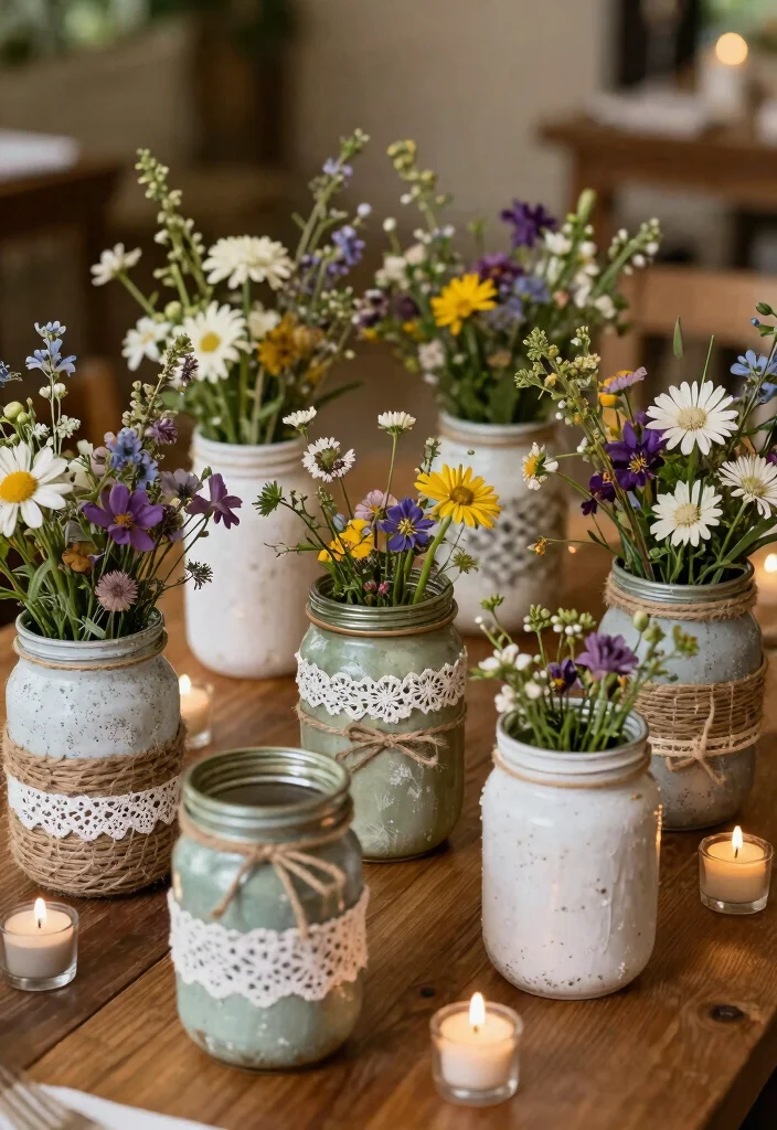17 Long Table Wedding Centerpieces Ideas That Impress - 13. Recycled Jar Centerpieces 1