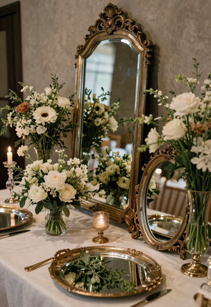 17 Long Table Wedding Centerpieces Ideas That Impress - 15. Vintage Mirrors and Floral Reflections 1