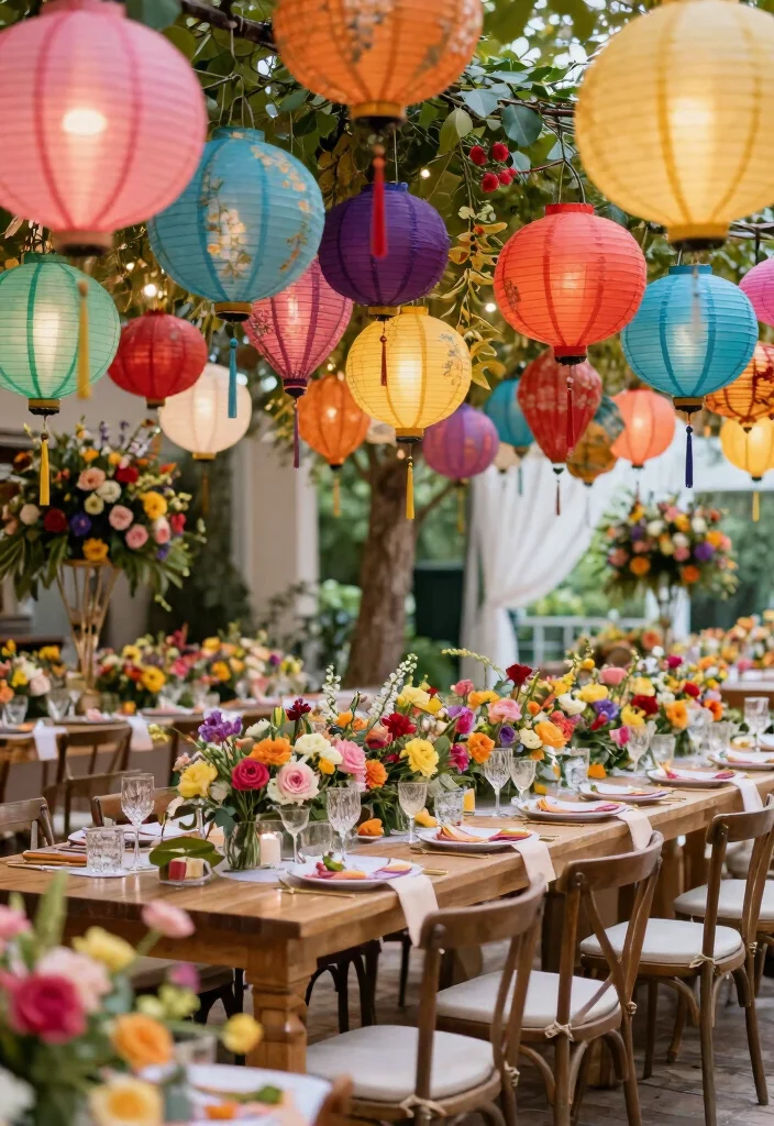 17 Long Table Wedding Centerpieces Ideas That Impress - 16. Playful Paper Lanterns and Blooms 1