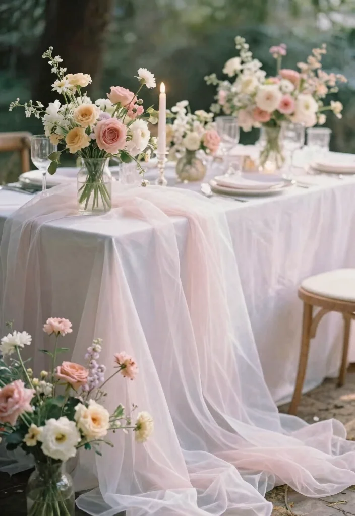 17 Long Table Wedding Centerpieces Ideas That Impress - 17. Ethereal Organza and Floral Centerpieces 1