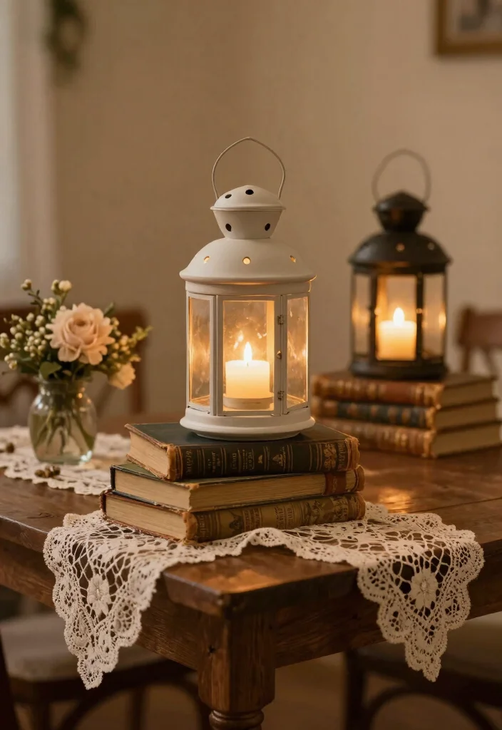 17 Long Table Wedding Centerpieces Ideas That Impress - 5. Vintage Books and Lanterns 1