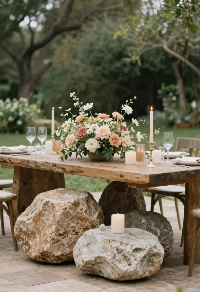 17 Long Table Wedding Centerpieces Ideas That Impress - 9. Natural Stone Centerpieces 1