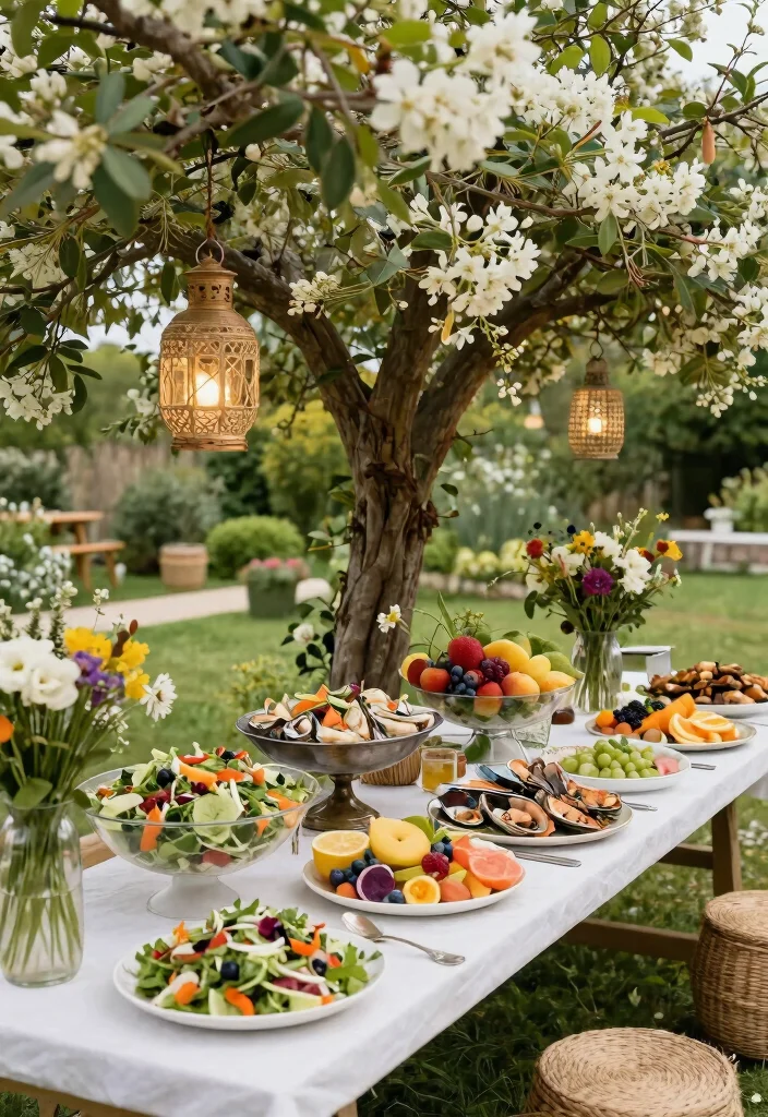 17 Wedding Buffet Table Setup Ideas That Flow Beautifully - 16. Outdoor Garden Party 1