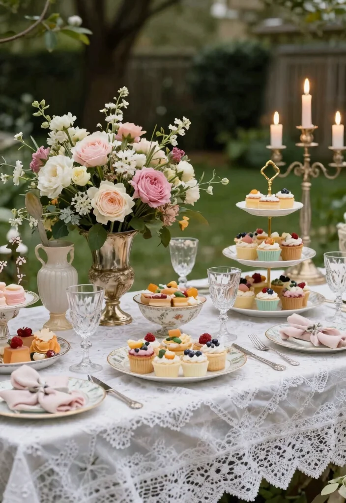 17 Wedding Buffet Table Setup Ideas That Flow Beautifully - 4. Vintage Charm with Lace and Linens 1