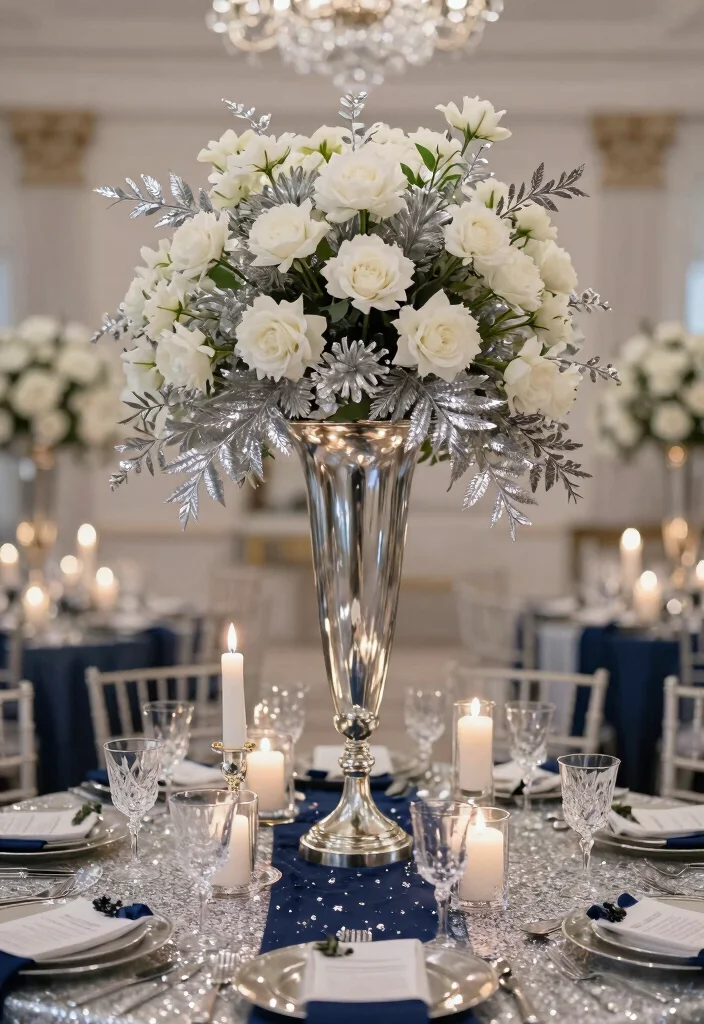 18 Navy Blue and Silver Wedding Decorations Ideas That Sparkle - 1. Sparkling Silver Centerpieces 1