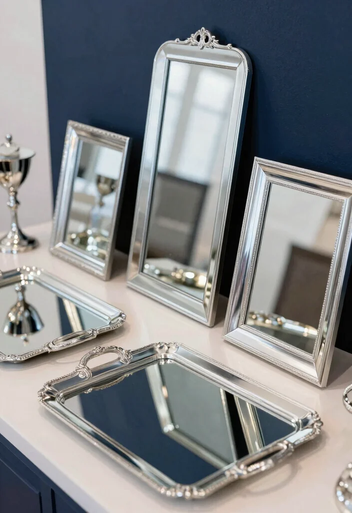 18 Navy Blue and Silver Wedding Decorations Ideas That Sparkle - 11. Silver Mirror Accents 1