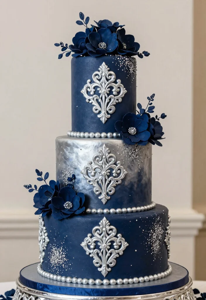 18 Navy Blue and Silver Wedding Decorations Ideas That Sparkle - 12. Navy and Silver Cake Design 1