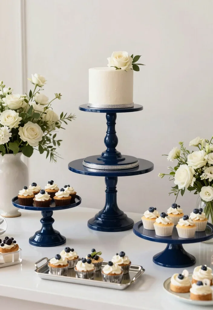 18 Navy Blue and Silver Wedding Decorations Ideas That Sparkle - 13. Navy Blue Cake Stands 1