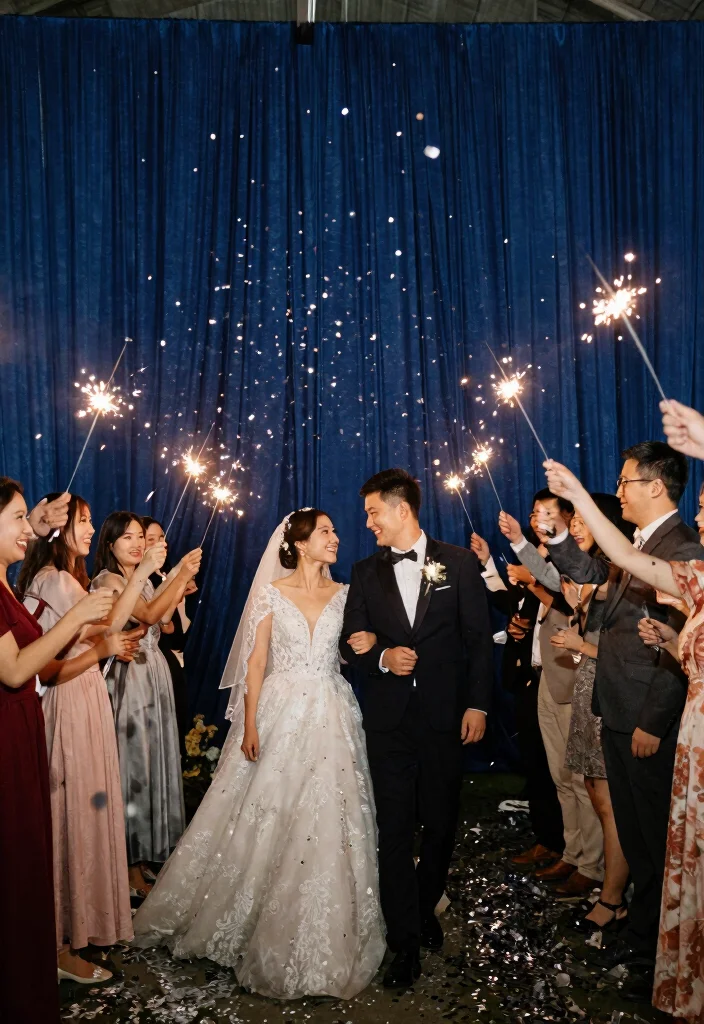 18 Navy Blue and Silver Wedding Decorations Ideas That Sparkle - 18. Navy Blue and Silver Exit Decor 1