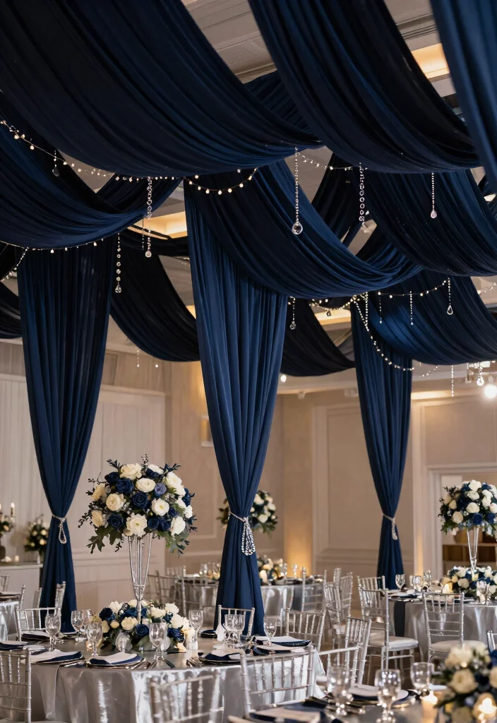18 Navy Blue and Silver Wedding Decorations Ideas That Sparkle - 2. Luxurious Navy Drapes 1