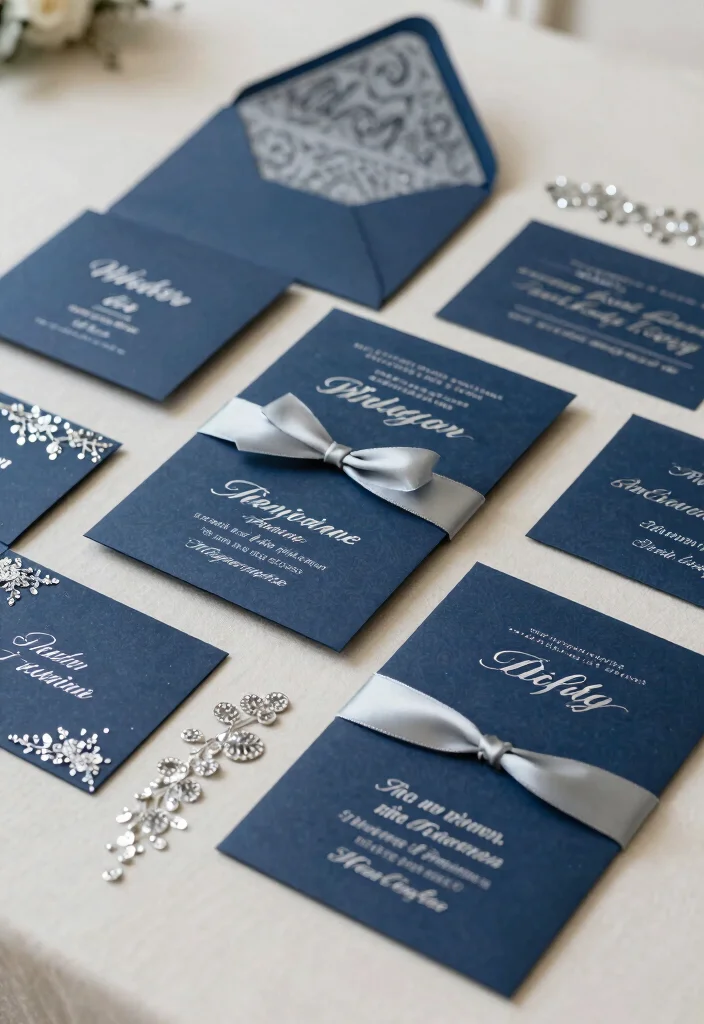 18 Navy Blue and Silver Wedding Decorations Ideas That Sparkle - 3. Navy Blue and Silver Invitations 1