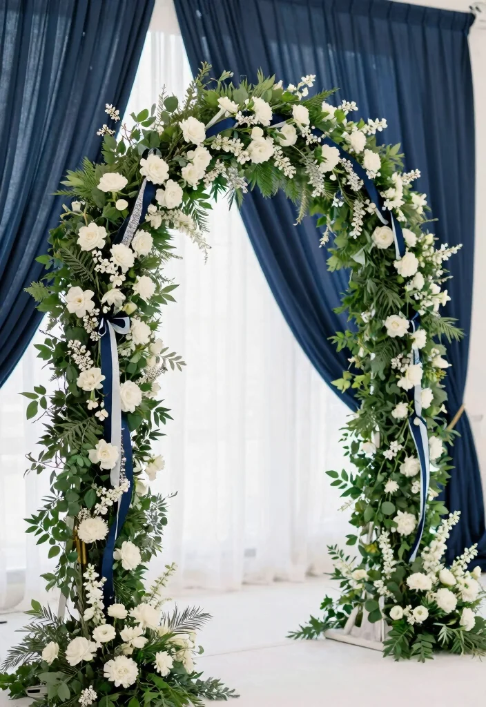 18 Navy Blue and Silver Wedding Decorations Ideas That Sparkle - 4. Navy and Silver Wedding Arches 1