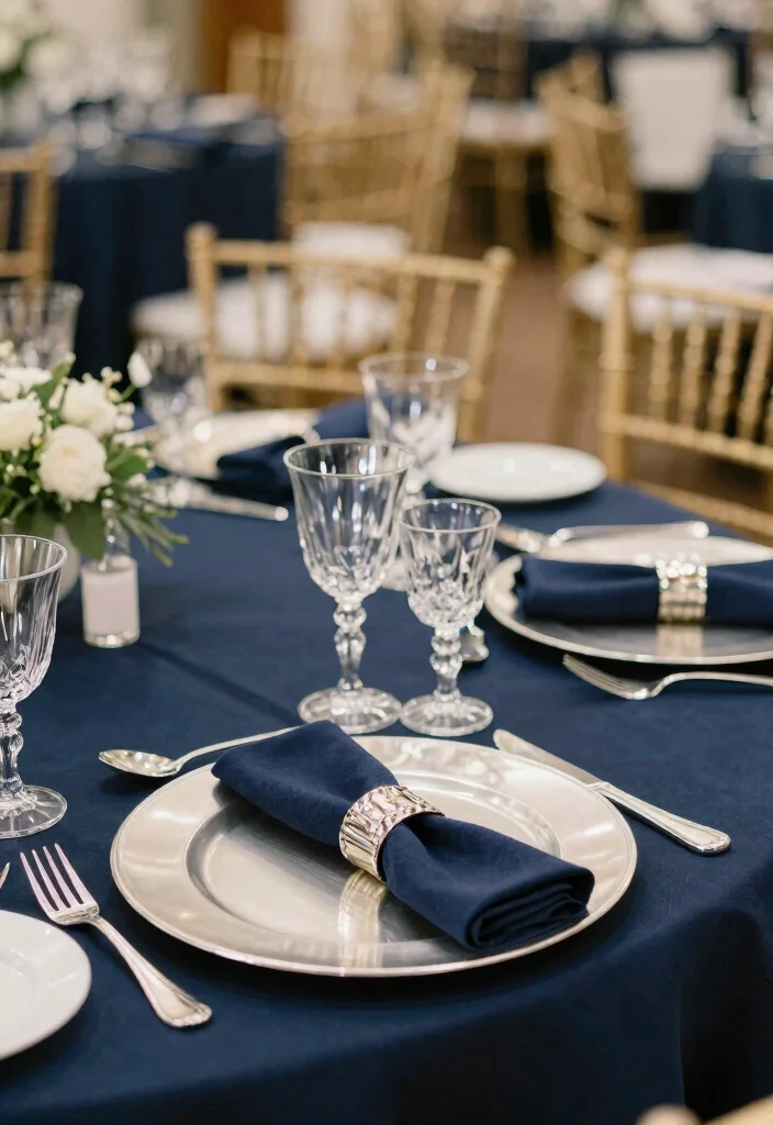 18 Navy Blue and Silver Wedding Decorations Ideas That Sparkle - 5. Navy Blue Table Settings 1