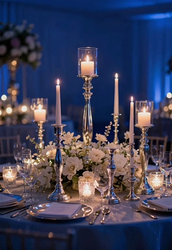 18 Navy Blue and Silver Wedding Decorations Ideas That Sparkle - 6. Silver Candle Holders 1