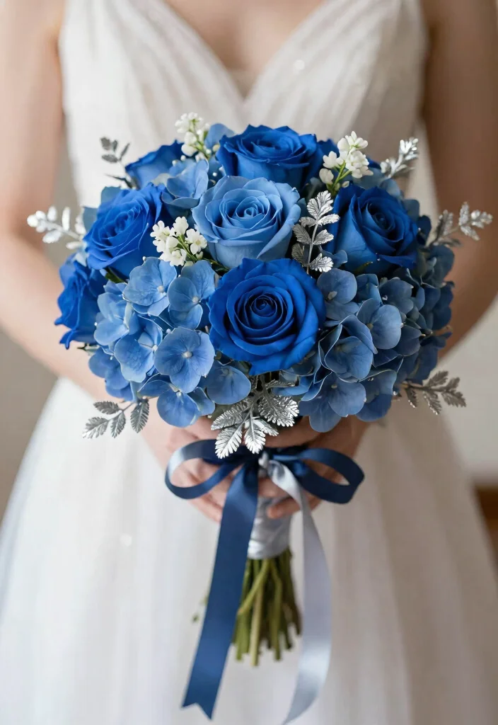 18 Navy Blue and Silver Wedding Decorations Ideas That Sparkle - 7. Navy Blue Flower Bouquets 1