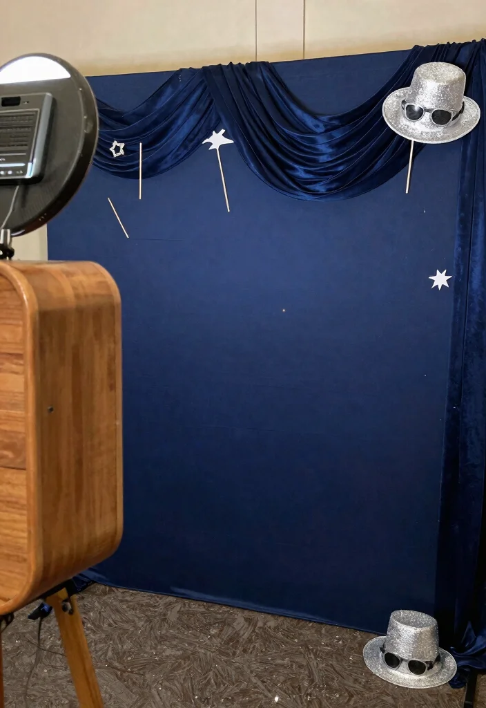 18 Navy Blue and Silver Wedding Decorations Ideas That Sparkle - 8. Navy Blue Photobooth Backdrop 1