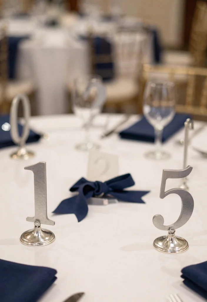 18 Navy Blue and Silver Wedding Decorations Ideas That Sparkle - 9. Silver Table Numbers 1