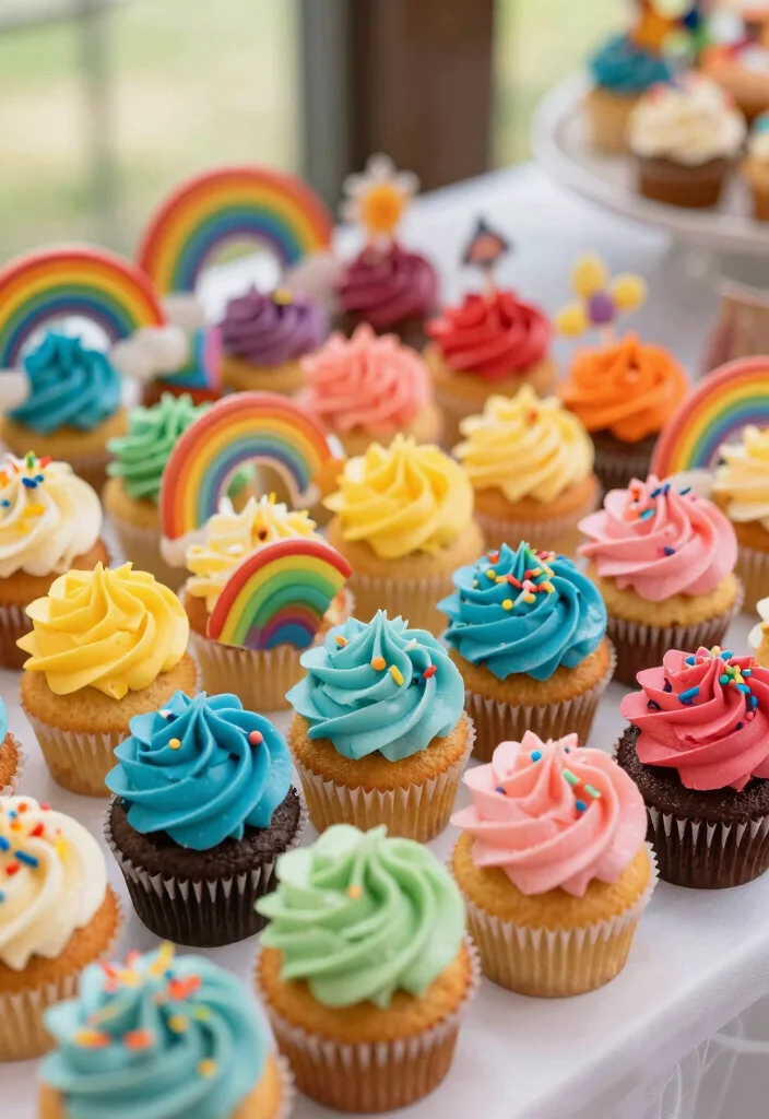 18 Wedding Cupcake Table Ideas That Look Sweet & Stylish - 6. Colorful Rainbow Display 1