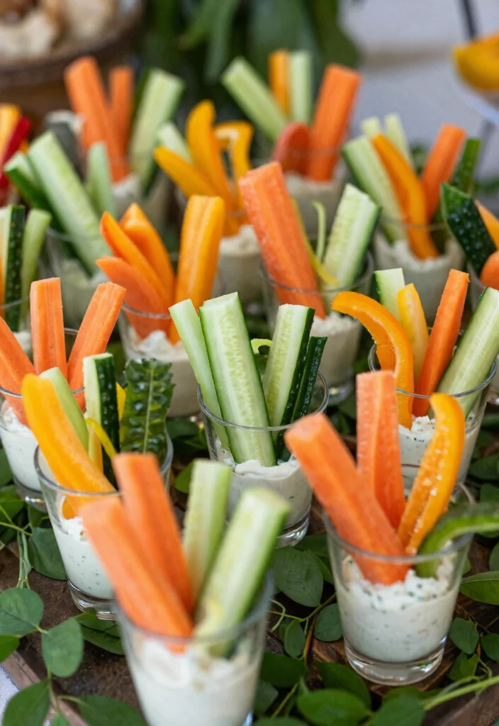 18 Wedding Snack Table Ideas That Feel Fun & Festive 64 18 Wedding Snack Table Ideas That Feel Fun & Festive - 13. Colorful Veggie Cups with Dip 1