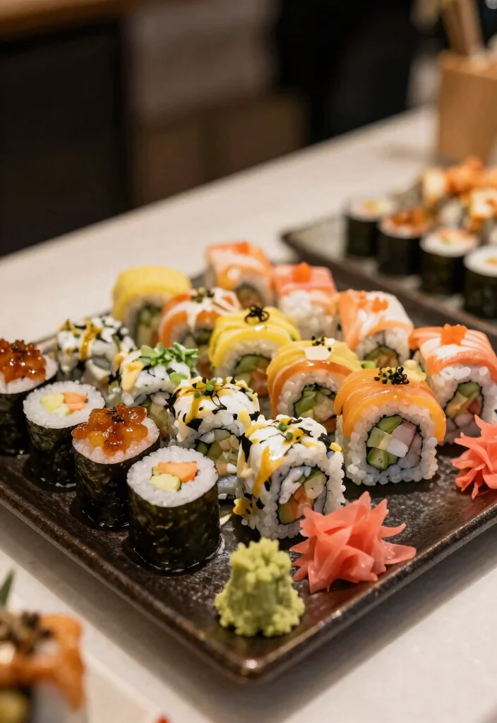 18 Wedding Snack Table Ideas That Feel Fun & Festive 66 18 Wedding Snack Table Ideas That Feel Fun & Festive - 15. Unique Sushi Rolls 1
