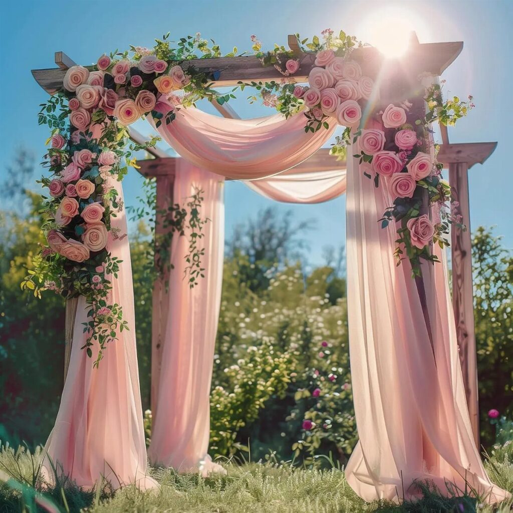 Wooden pergola arch draped with pink sheer fabric and decorated with large pink roses in a garden.