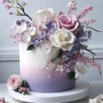 A white and purple ombre cake decorated with blush and lavender sugar flowers.