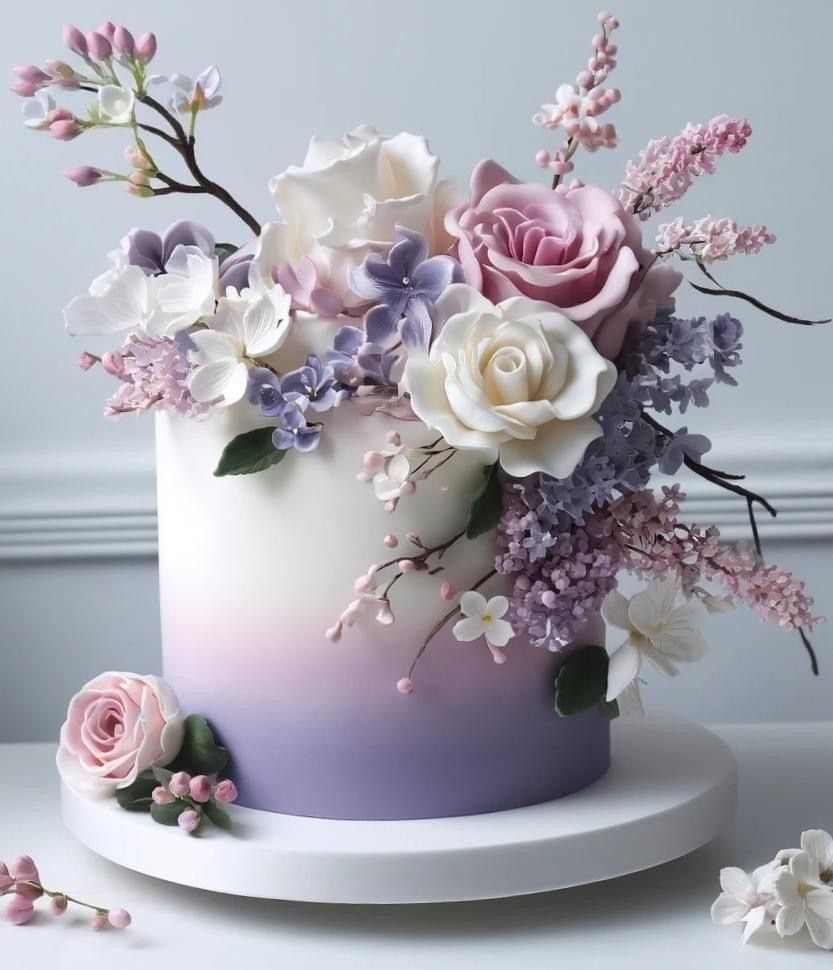 A white and purple ombre cake decorated with blush and lavender sugar flowers.