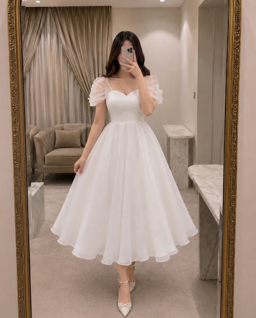 A woman posing in a white puff-sleeved midi dress and white heels.