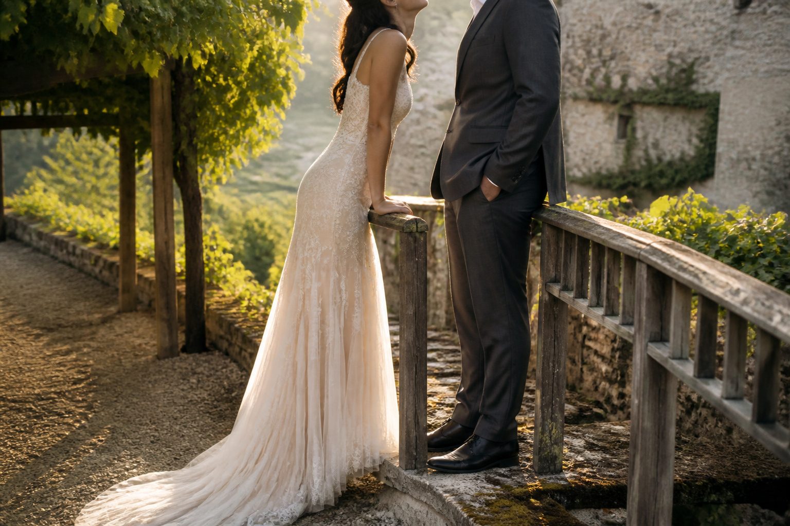A bride and groom gazing at each other in a lush outdoor setting.