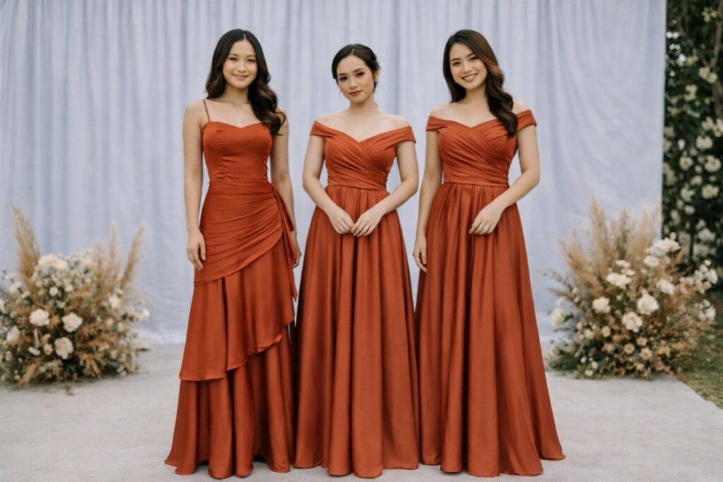 Three women posing in long, burnt orange formal dresses against a white curtain backdrop.