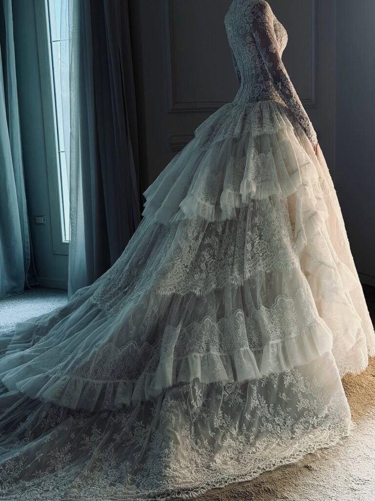 A tiered lace wedding dress with a long train displayed in a softly lit room.