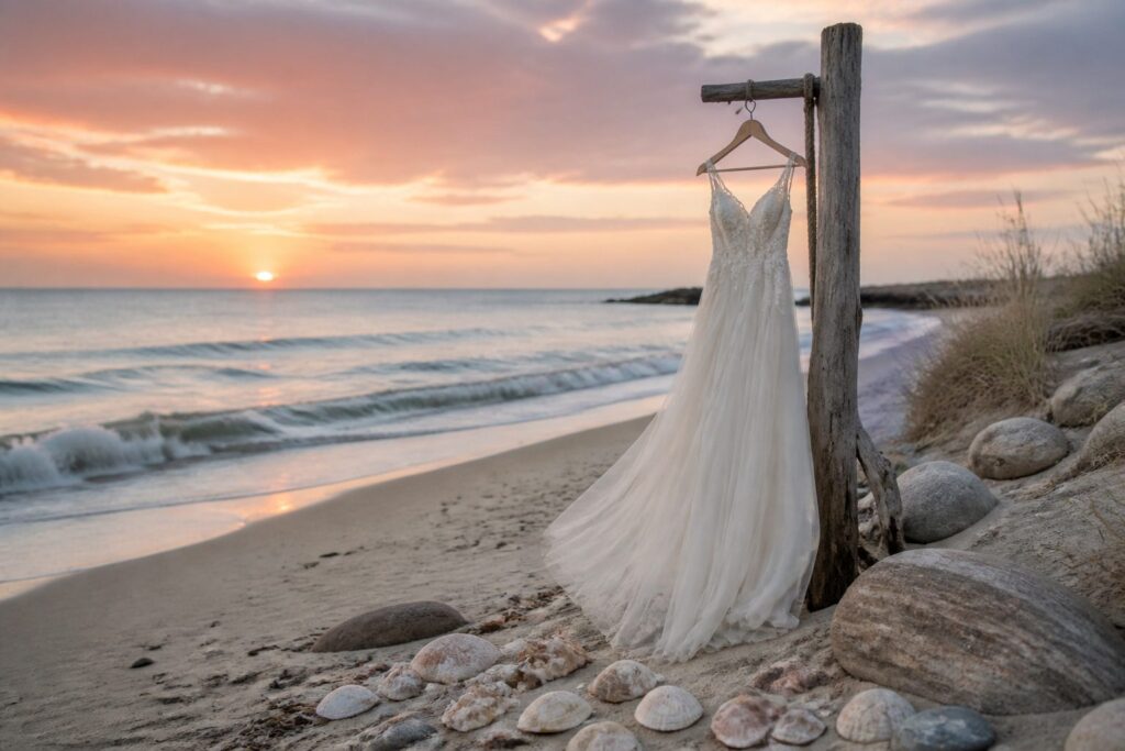 A serene beach at sunset with soft waves lapping at the shore.