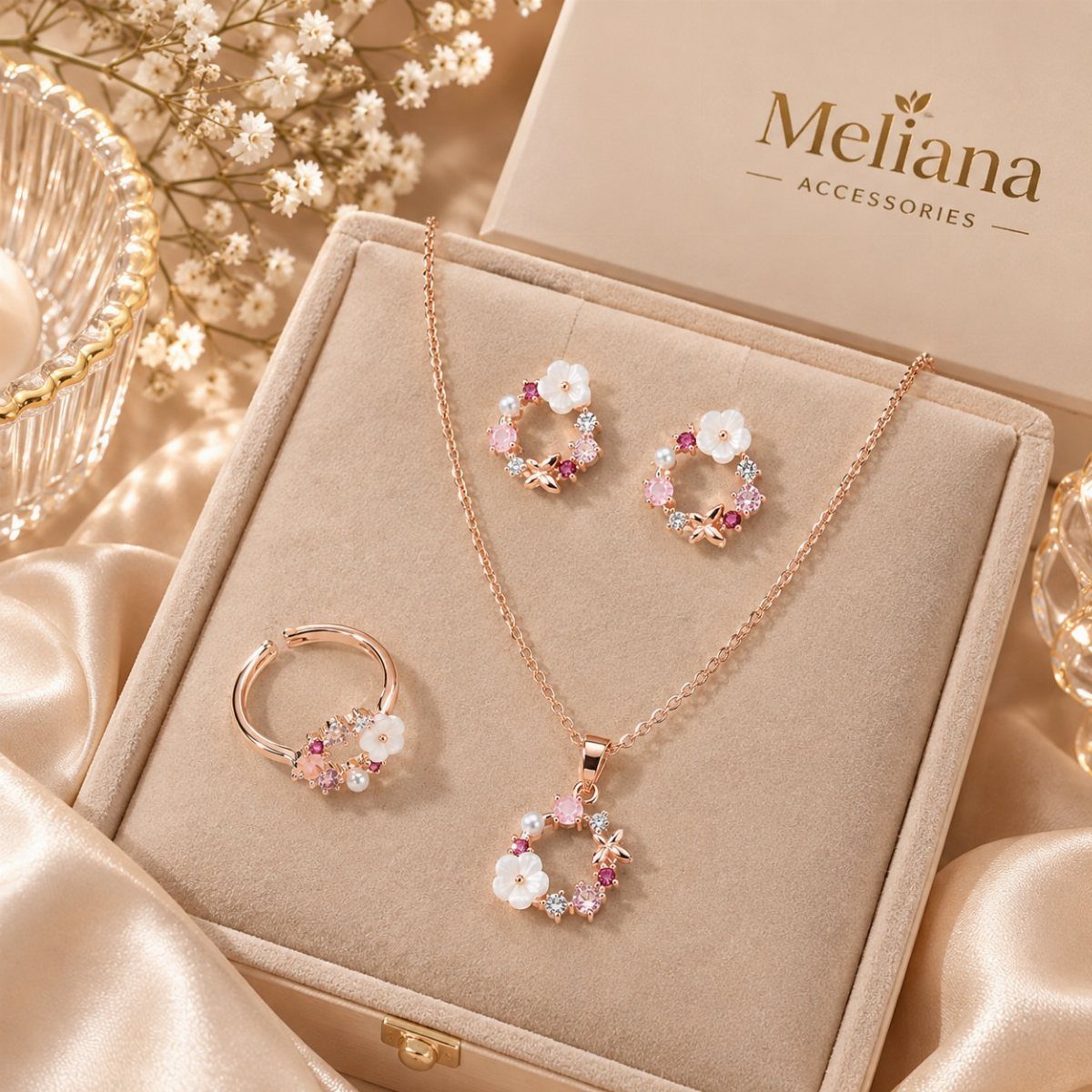 Rose gold floral jewelry set with white flowers and pink stones in a velvet box.