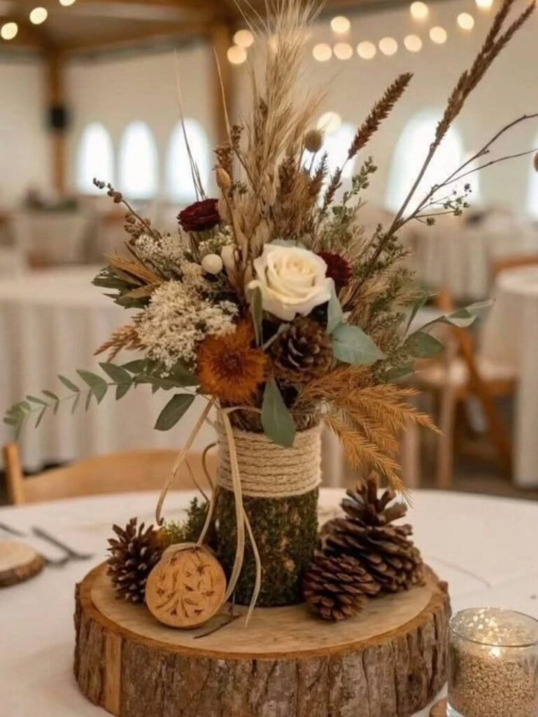 A rustic forest themed centerpiece with roses, pinecones, and dried florals on a wood slice base.