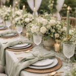 A wedding table set with white floral arrangements, sage green linens, and tall taper candles.