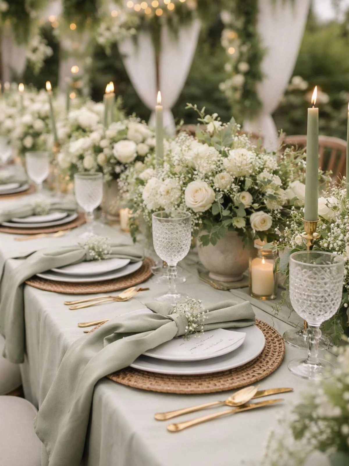 A wedding table set with white floral arrangements, sage green linens, and tall taper candles.